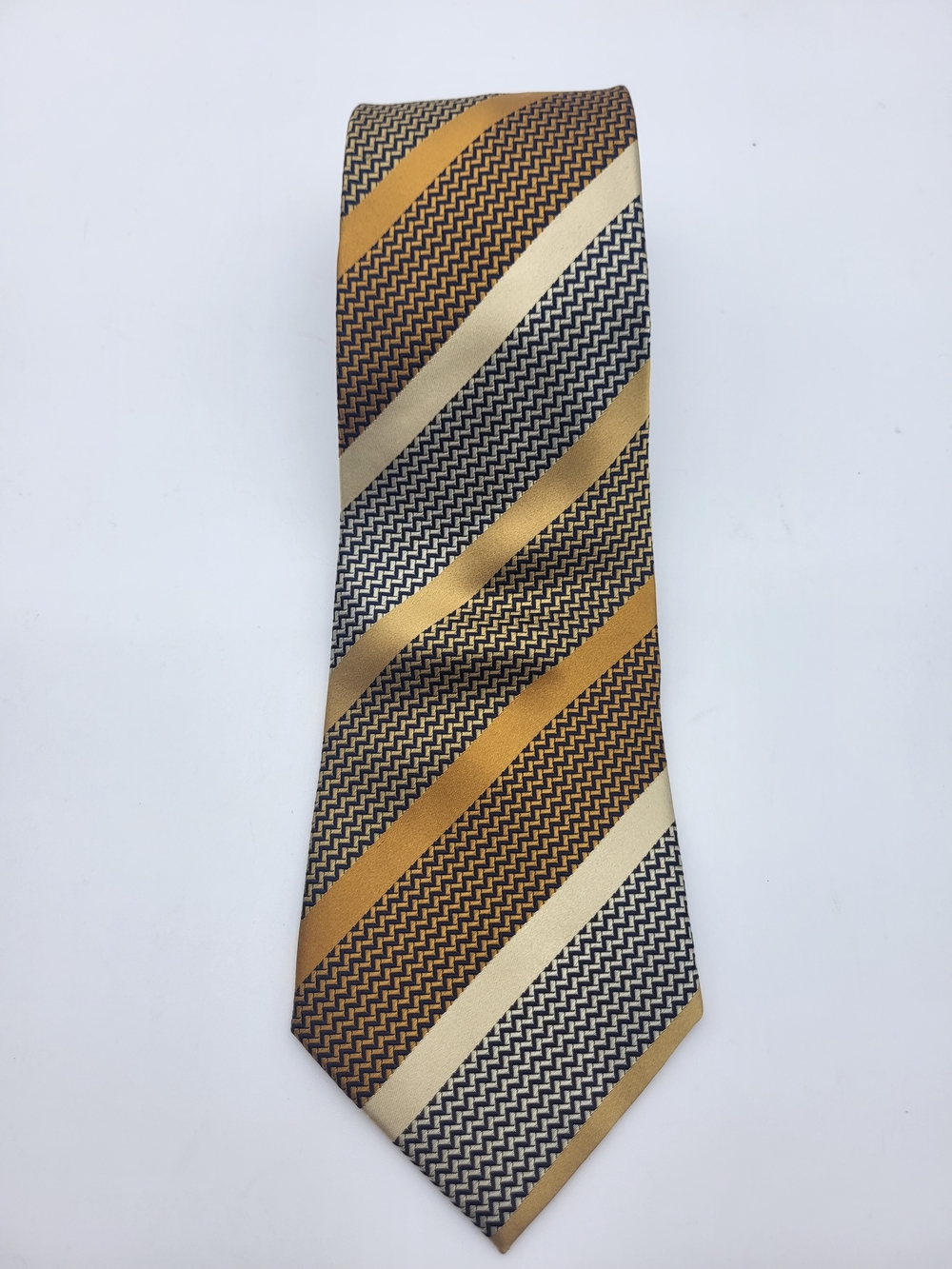 Geoffrey Beene Gold and Black Striped Silk Tie